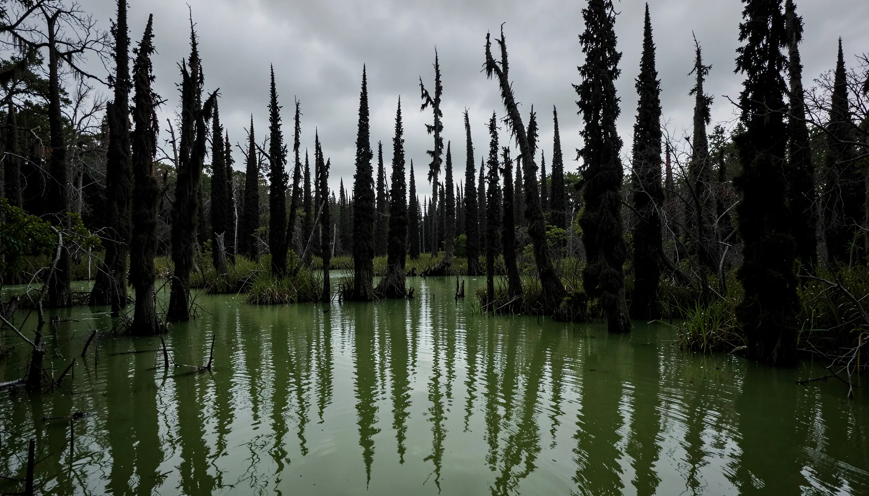 Swamp setting with murky green water, dark cypress silhouettes, and moody overcast lighting